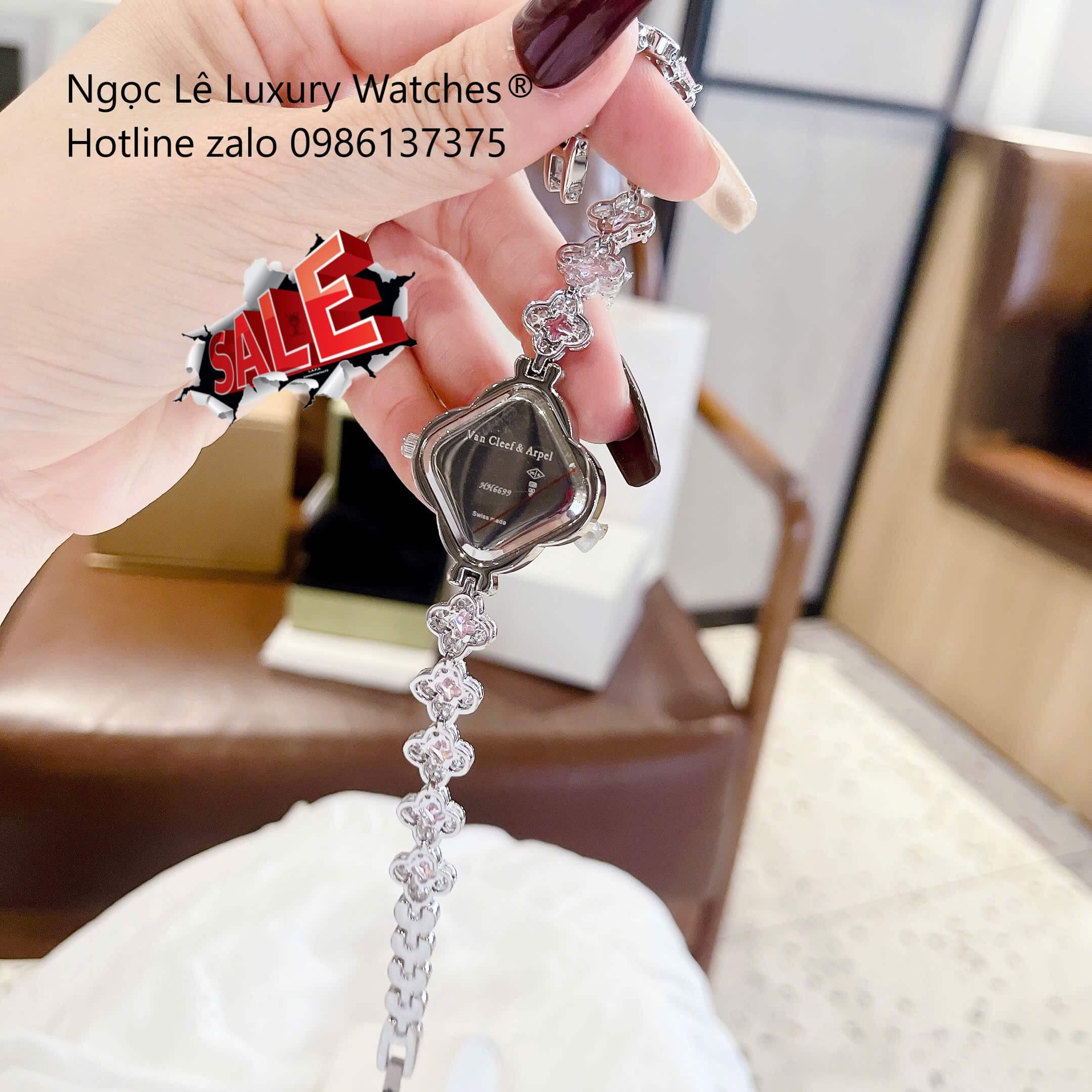 Đồng Hồ Van Cleef & Arpels Cỏ 4 Lá Xà Cừ Trắng Đá Hồng Vỏ Silver Size 27mm - Đồng Hồ Lắc Tay Nữ