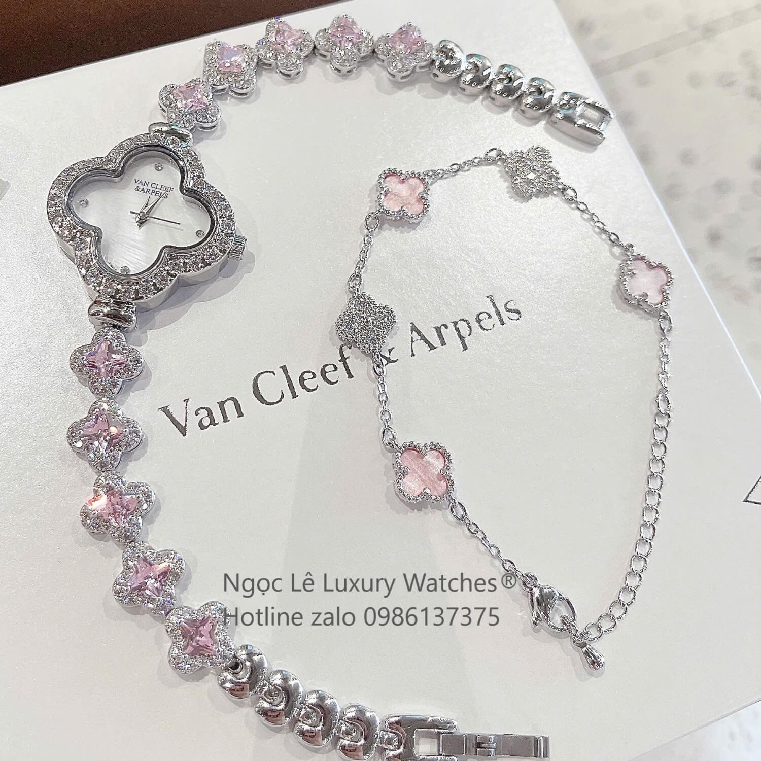 Đồng Hồ Van Cleef & Arpels Cỏ 4 Lá Xà Cừ Trắng Đá Hồng Vỏ Silver Size 27mm - Đồng Hồ Lắc Tay Nữ