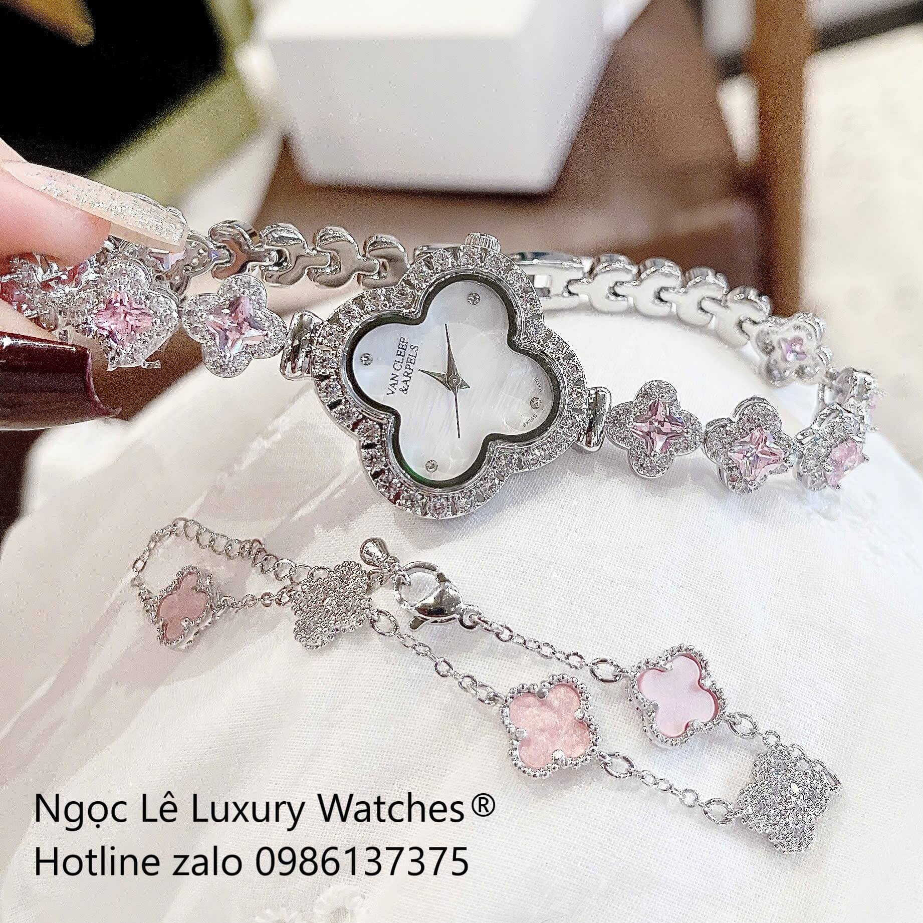 Đồng Hồ Van Cleef & Arpels Cỏ 4 Lá Xà Cừ Trắng Đá Hồng Vỏ Silver Size 27mm - Đồng Hồ Lắc Tay Nữ