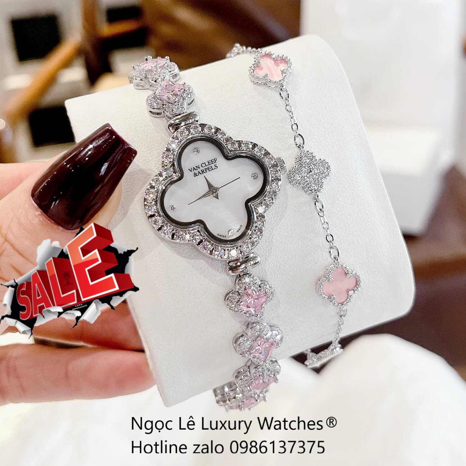 Đồng Hồ Van Cleef & Arpels Cỏ 4 Lá Xà Cừ Trắng Đá Hồng Vỏ Silver Size 27mm - Đồng Hồ Lắc Tay Nữ