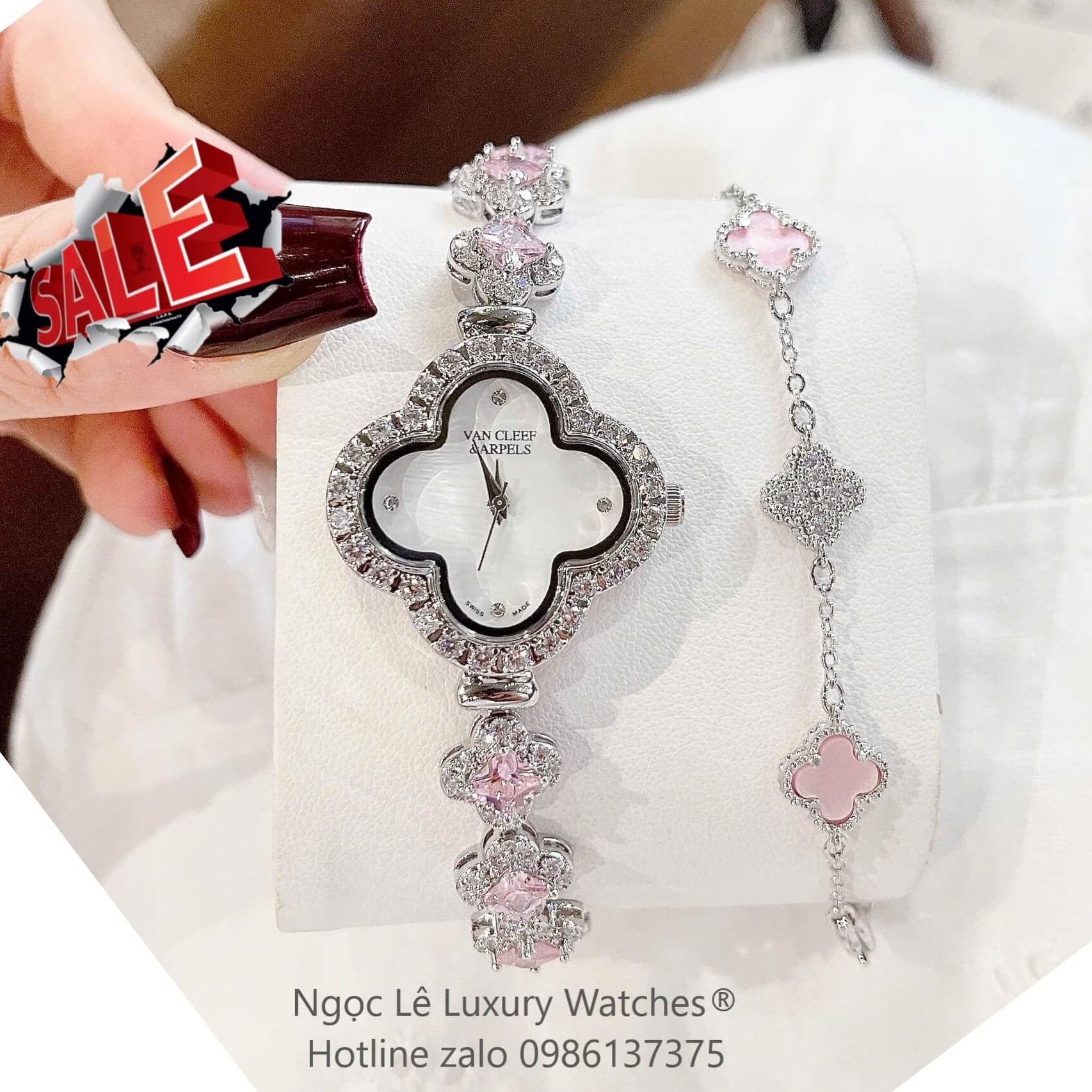 Đồng Hồ Van Cleef & Arpels Cỏ 4 Lá Xà Cừ Trắng Đá Hồng Vỏ Silver Size 27mm - Đồng Hồ Lắc Tay Nữ