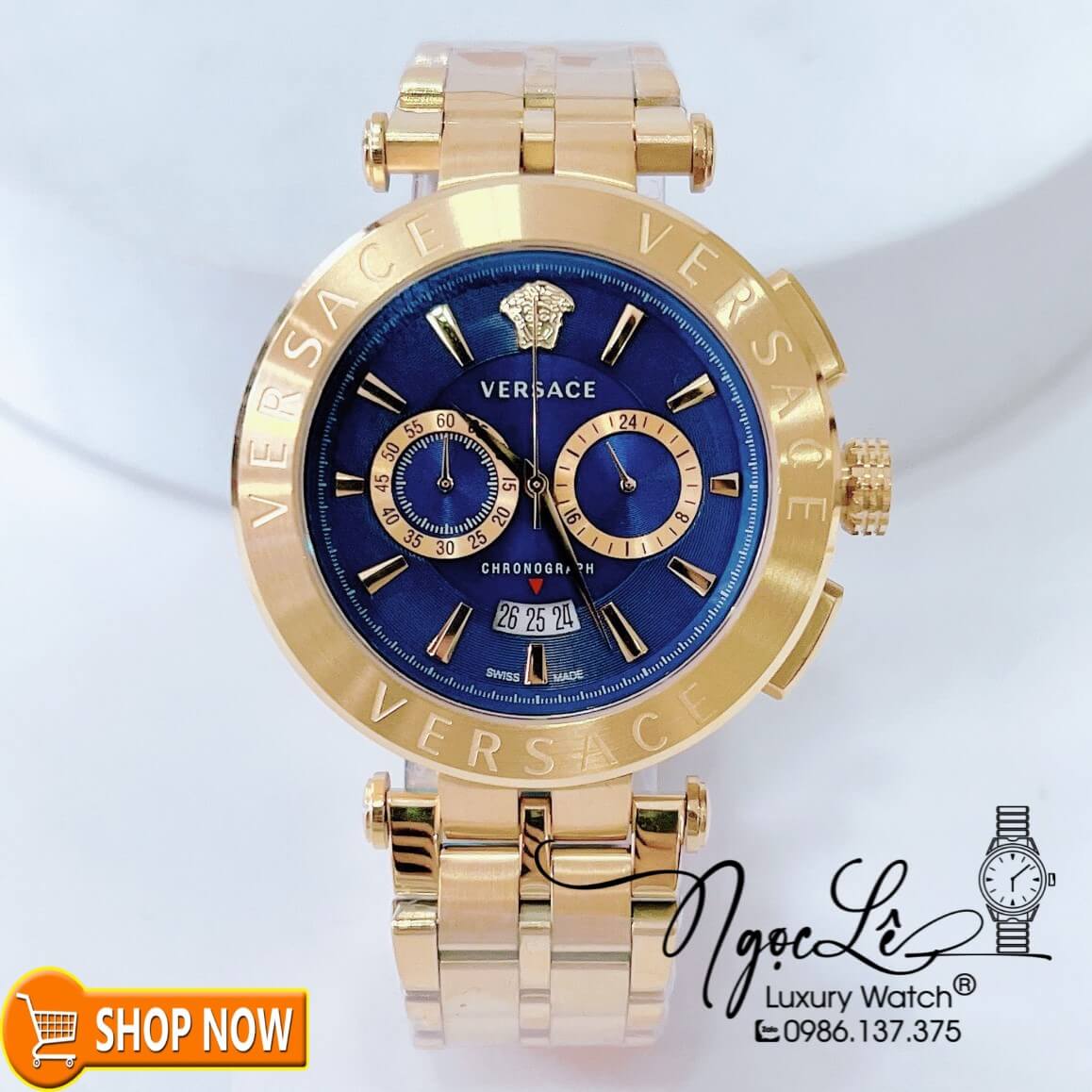 Đồng Hồ Nam Versace Aion Chronograph Dây Kim Loại Vàng Mặt Xanh Dương Size 45mm