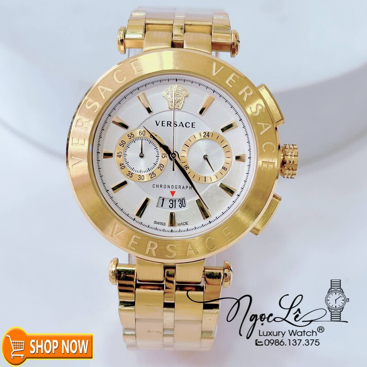 Đồng Hồ Nam Versace Aion Chronograph Dây Kim Loại Vàng Mặt Trắng Size 45mm