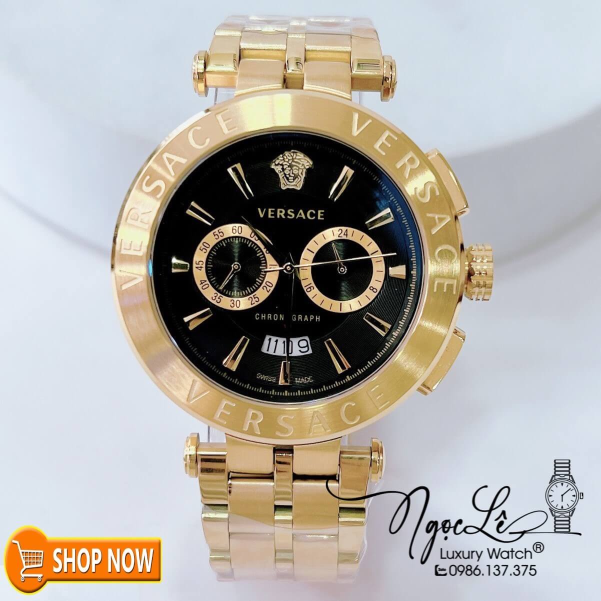 Đồng Hồ Nam Versace Aion Chronograph Dây Kim Loại Vàng Mặt Đen Size 45mm