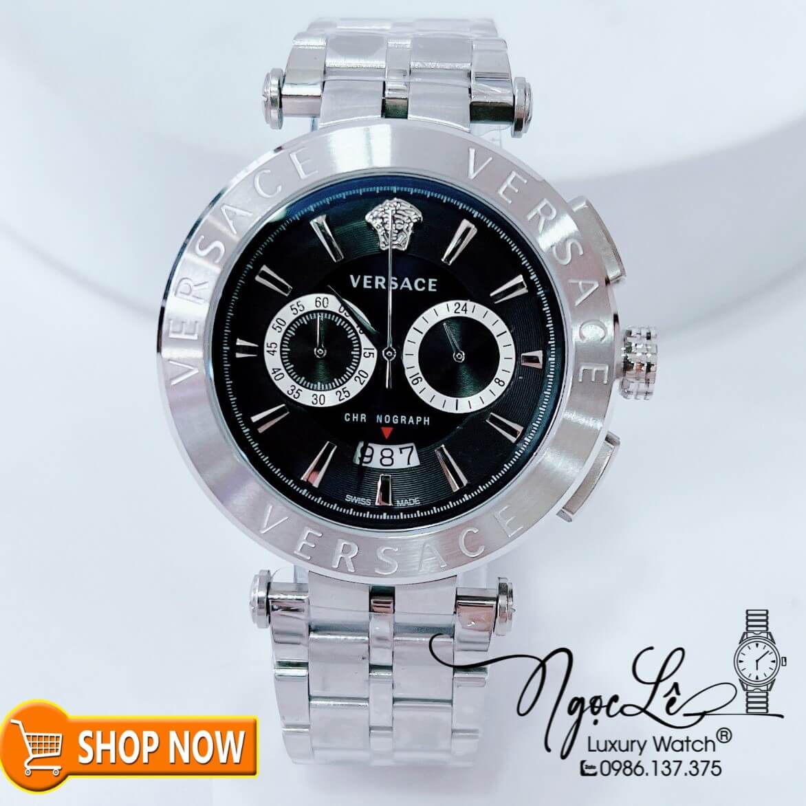 Đồng Hồ Nam Versace Aion Chronograph Dây Kim Loại Bạc Mặt Đen Size 45mm