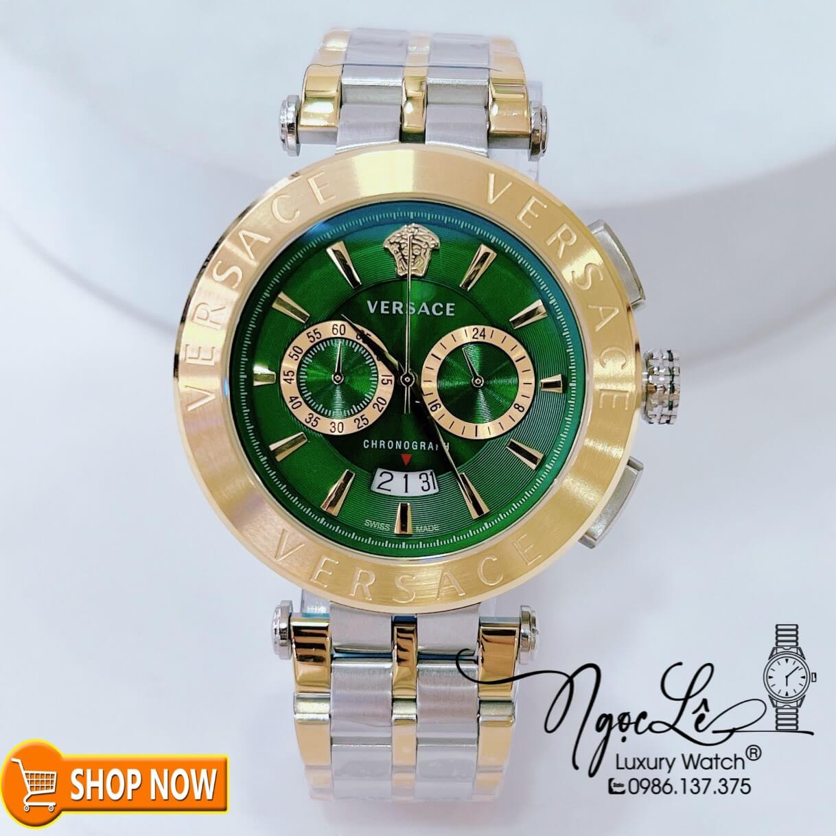 Đồng Hồ Nam Versace Aion Chronograph Dây Kim Loại Demi Vàng Mặt Xanh Lá Size 45mm