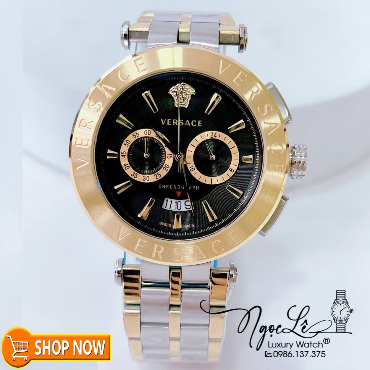 Đồng Hồ Nam Versace Aion Chronograph Dây Kim Loại Demi Vàng Mặt Đen Size 45mm