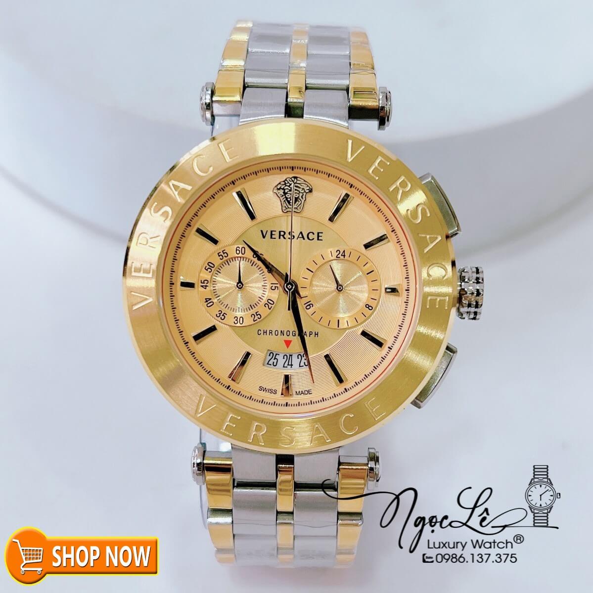 Đồng Hồ Nam Versace Aion Chronograph Dây Kim Loại Demi Vàng Mặt Vàng Size 45mm