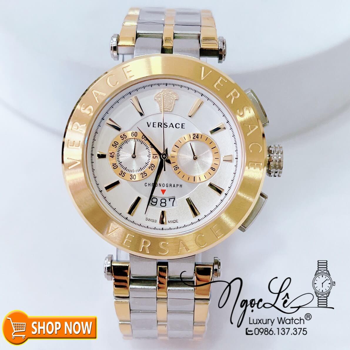 Đồng Hồ Nam Versace Aion Chronograph Dây Kim Loại Demi Vàng Mặt Trắng Size 45mm