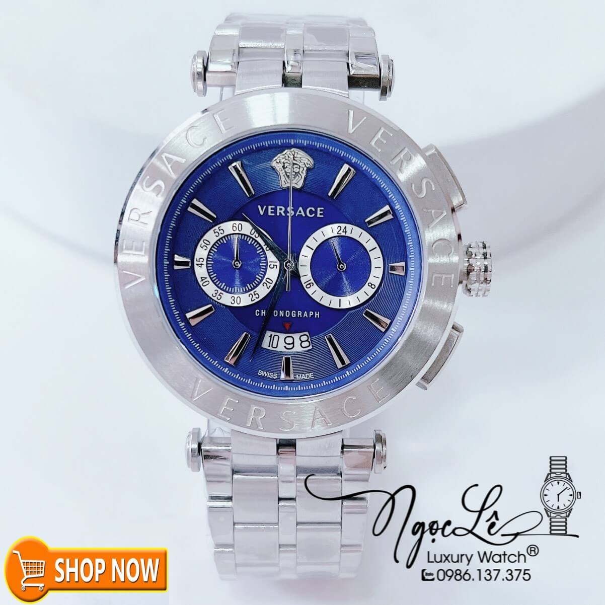 Đồng Hồ Nam Versace Aion Chronograph Dây Kim Loại Bạc Mặt Xanh Dương Size 45mm