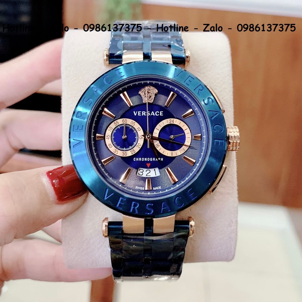 Đồng Hồ Versace Aion Nam 6 Kim Xanh Vỏ Vàng Hồng 44mm