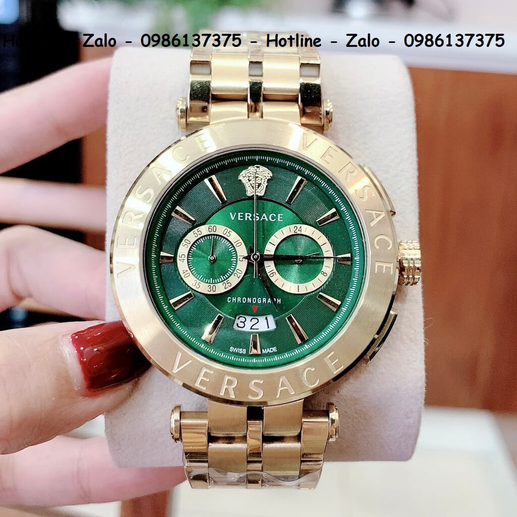 Đồng Hồ Versace Aion Nam Dây Vàng Mặt Xanh Mộc 6 Kim 44mm