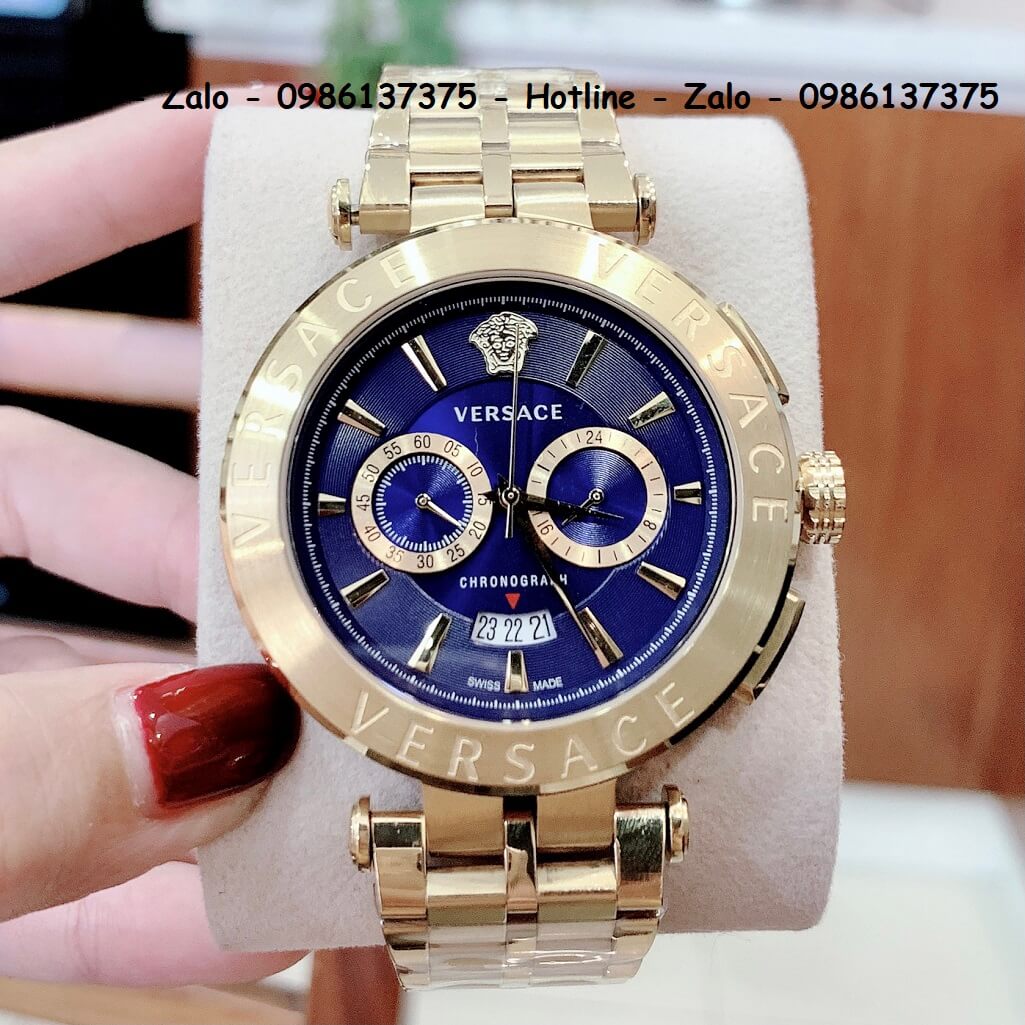 Đồng Hồ Versace Aion Nam Dây Vàng Mặt Xanh 6 Kim 44mm