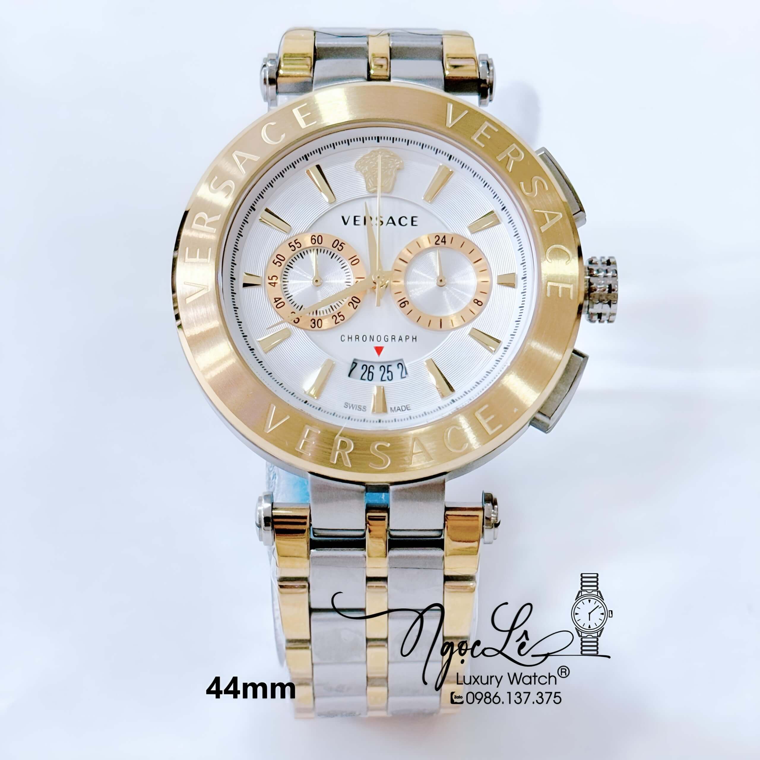 Đồng Hồ Nam Versace Aion Dây Kim Loại Demi Vàng Mặt Trắng Size 44mm Siêu Cấp