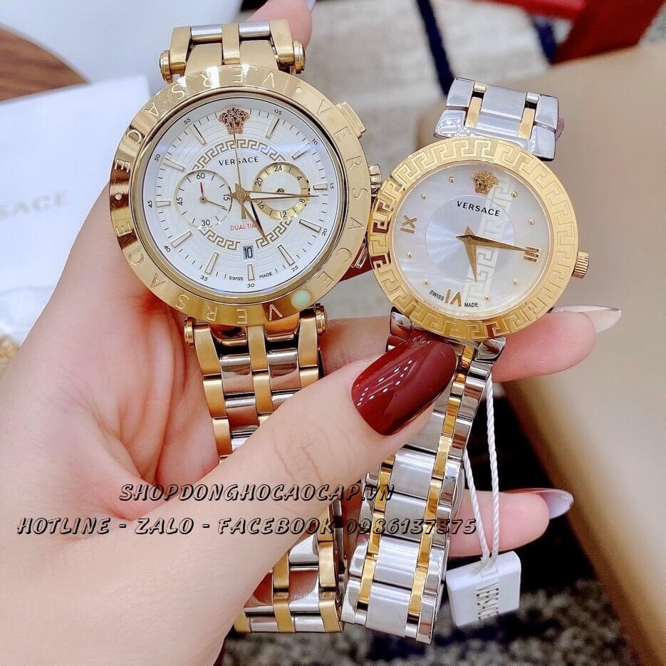 Đồng Hồ Versace Cặp Demi Mặt Trắng Nam Nữ 44mm - 35mm