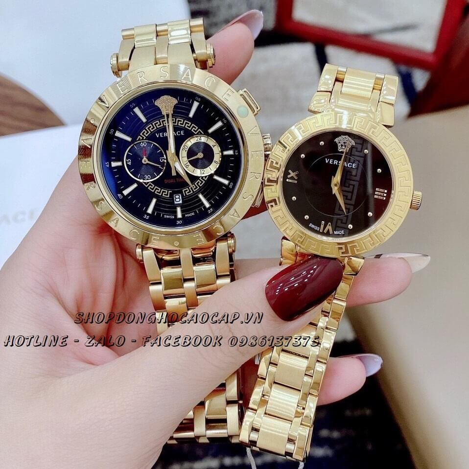 Đồng Hồ Versace Cặp Vàng Mặt Đen Nam Nữ 44mm - 35mm