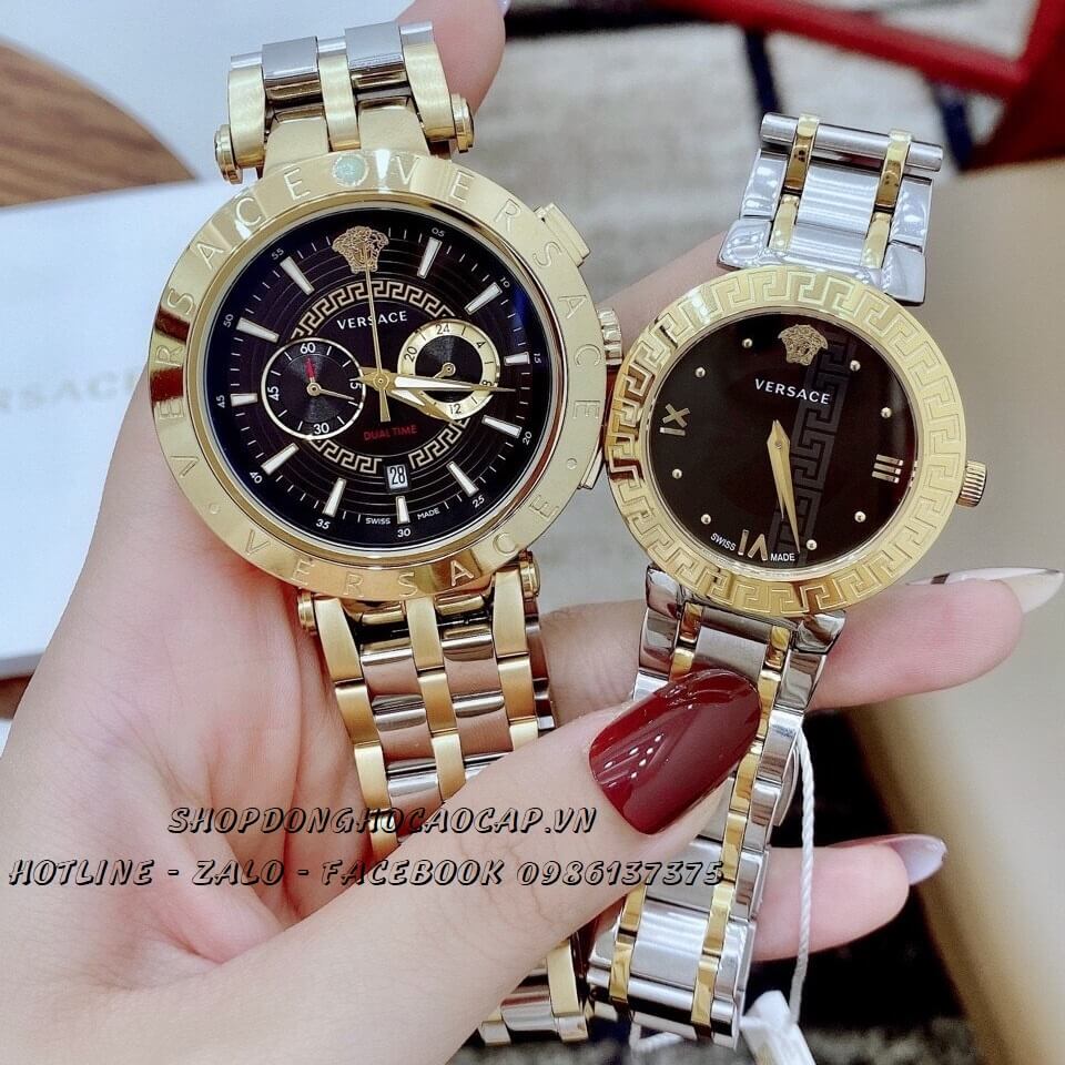 Đồng Hồ Versace Cặp Demi Mặt Đen Nam Nữ 44mm - 35mm