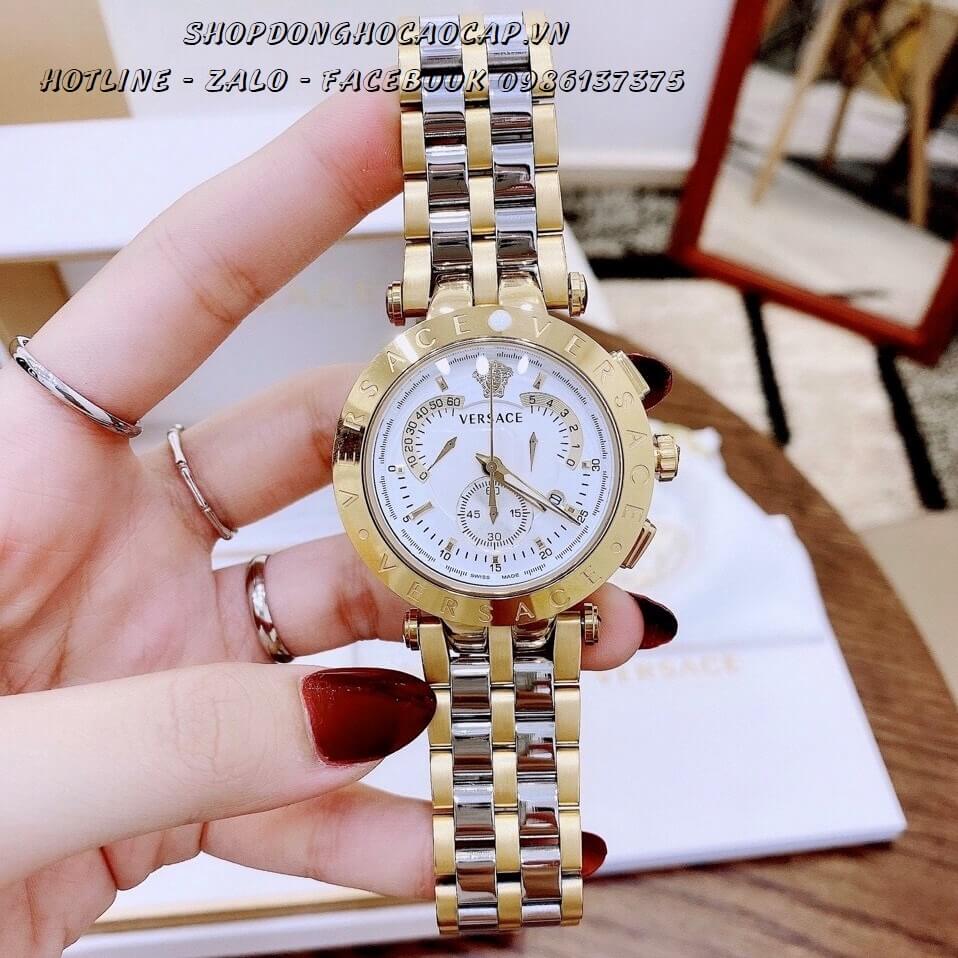 Đồng Hồ Versace Cặp Demi Vàng Mặt Trắng Nam Nữ 44mm - 35mm