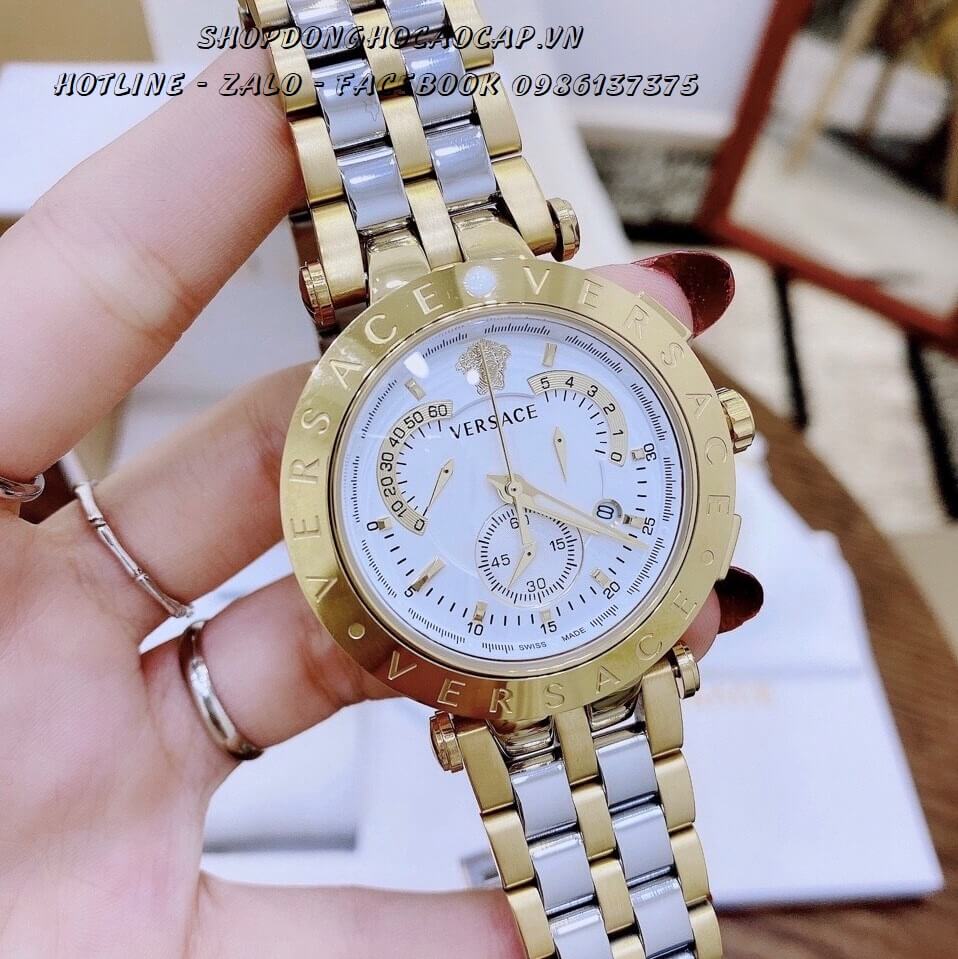 Đồng Hồ Versace Cặp Demi Vàng Mặt Trắng Nam Nữ 44mm - 35mm