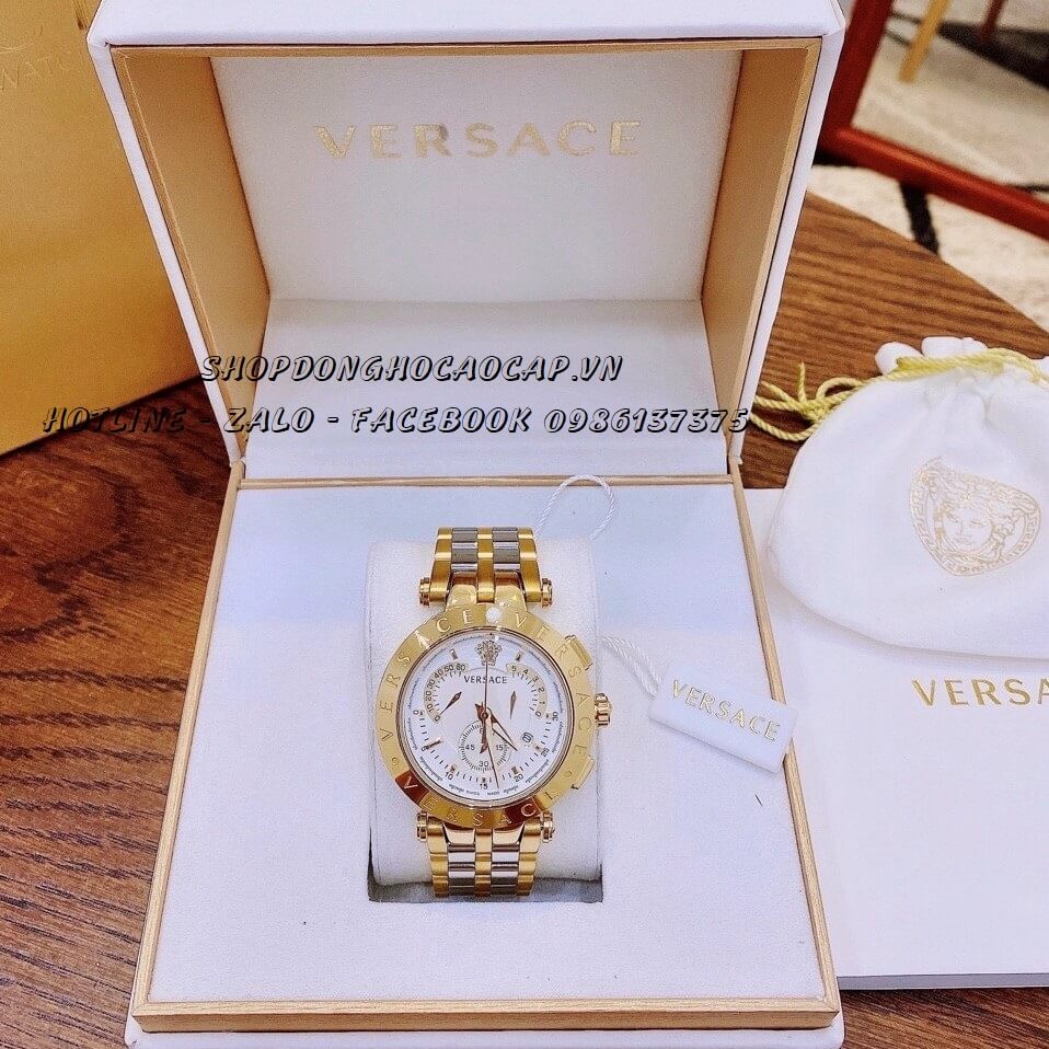 Đồng Hồ Versace Cặp Demi Vàng Mặt Trắng Nam Nữ 44mm - 35mm