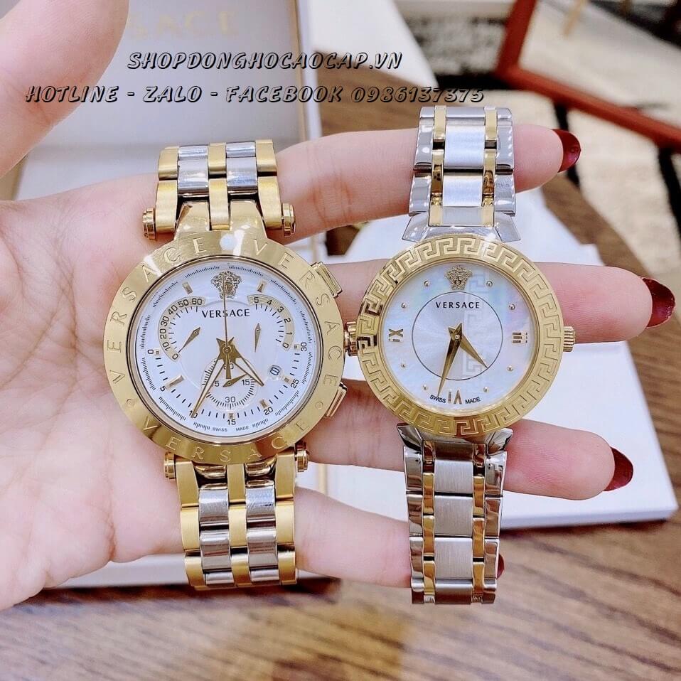 Đồng Hồ Versace Cặp Demi Vàng Mặt Trắng Nam Nữ 44mm - 35mm