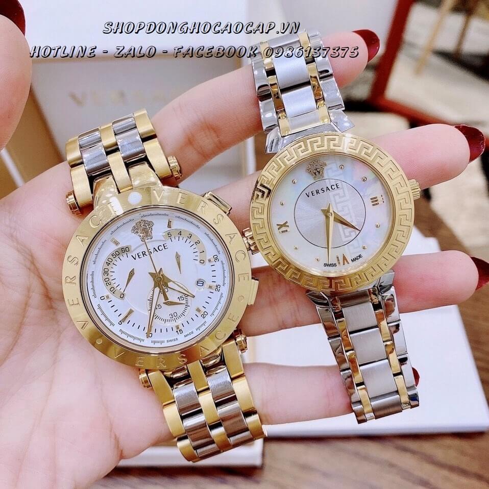 Đồng Hồ Versace Cặp Demi Vàng Mặt Trắng Nam Nữ 44mm - 35mm