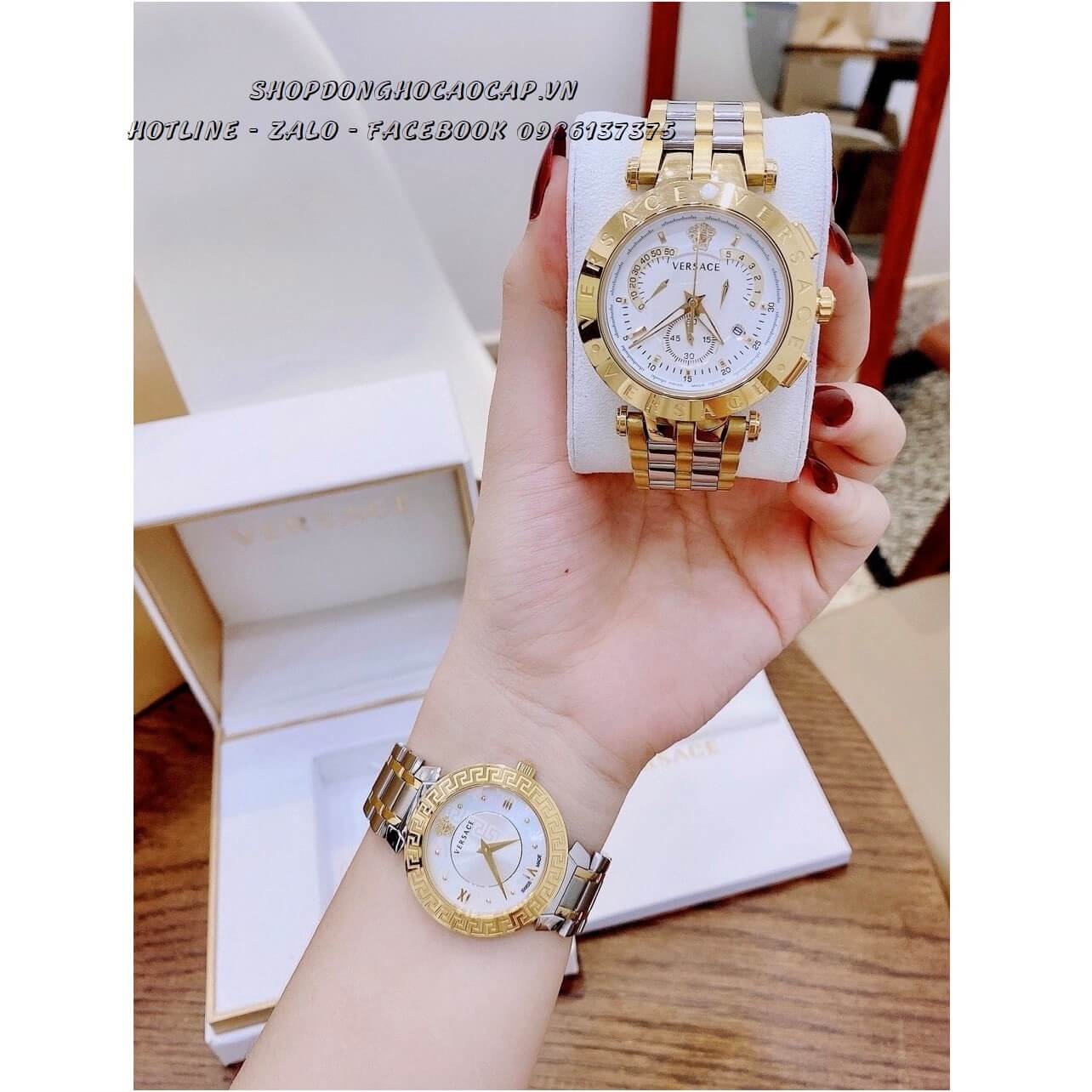 Đồng Hồ Versace Cặp Demi Vàng Mặt Trắng Nam Nữ 44mm - 35mm