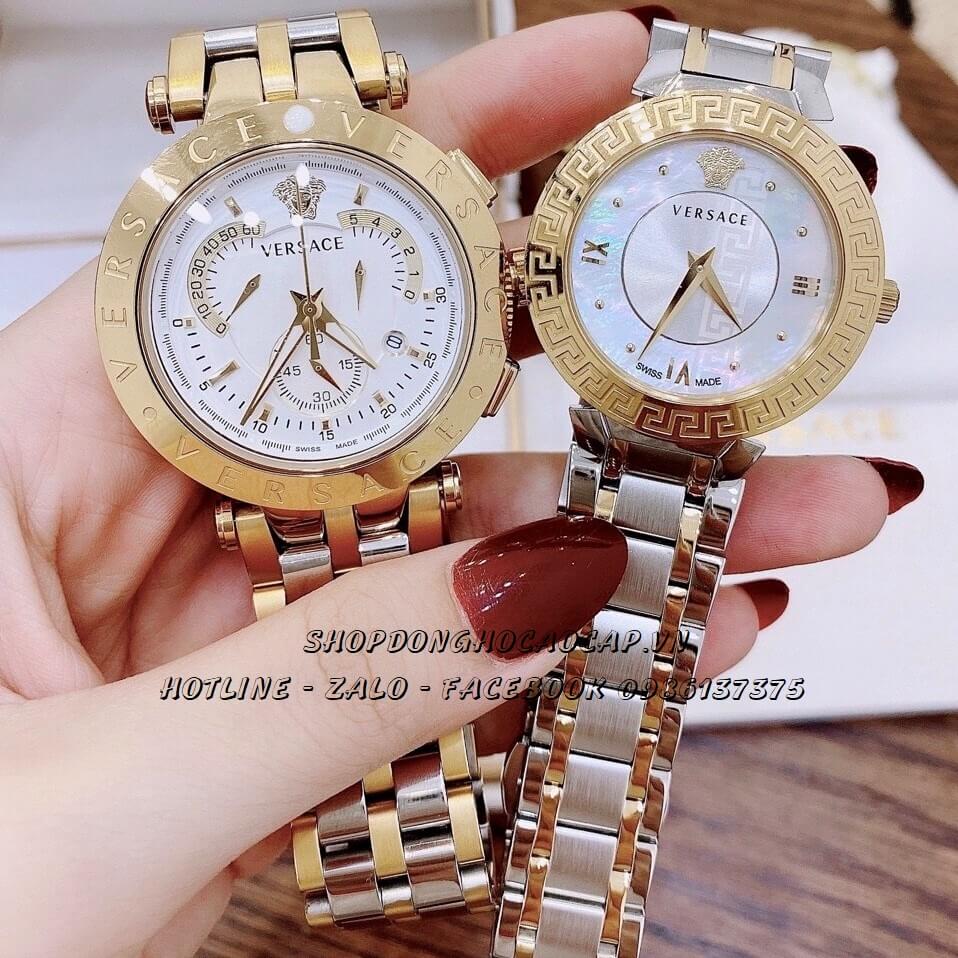 Đồng Hồ Versace Cặp Demi Vàng Mặt Trắng Nam Nữ 44mm - 35mm