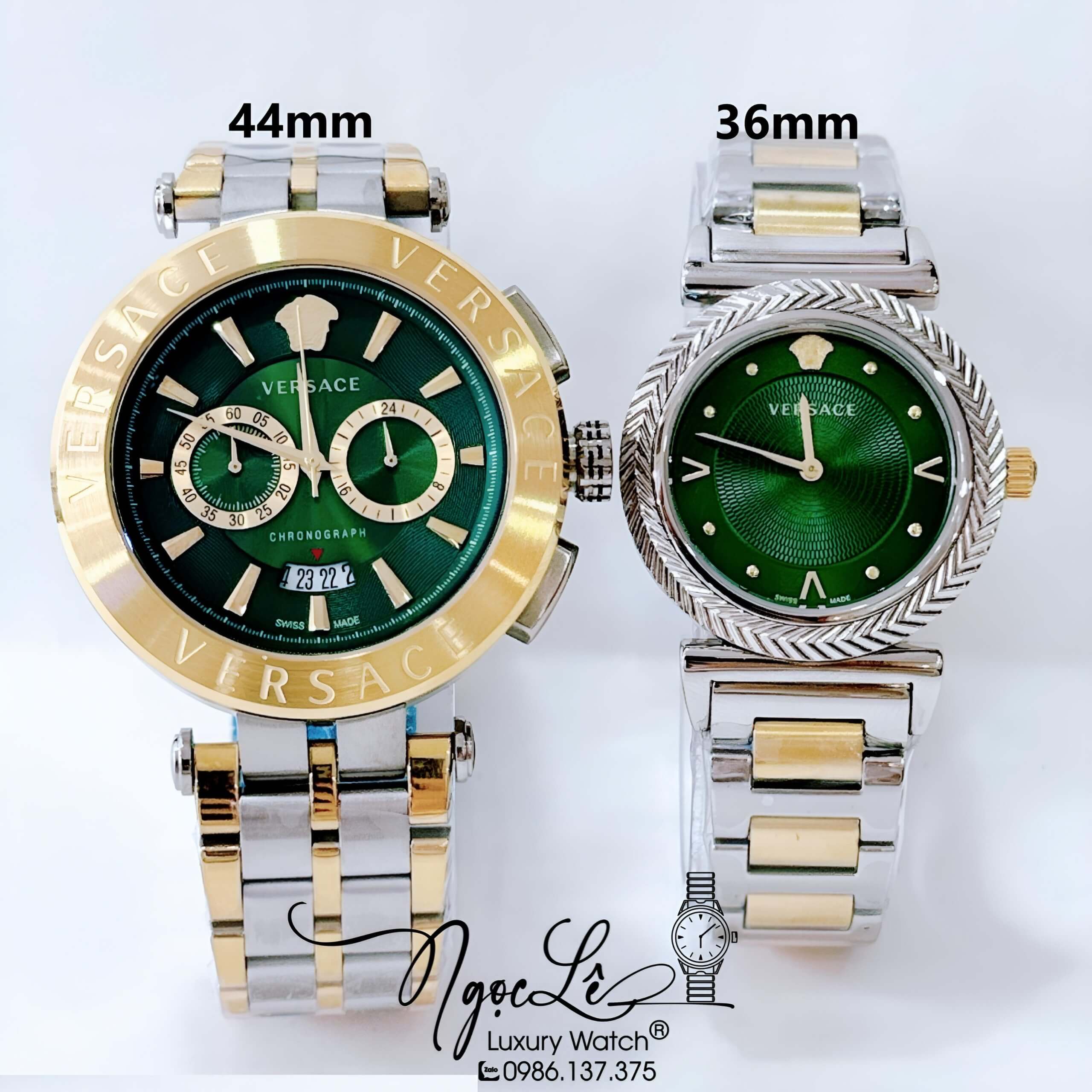 Đồng Hồ Cặp - Versace Aion 44mm - Versace V Motif 36mm - Màu Demi Vàng Mặt Xanh