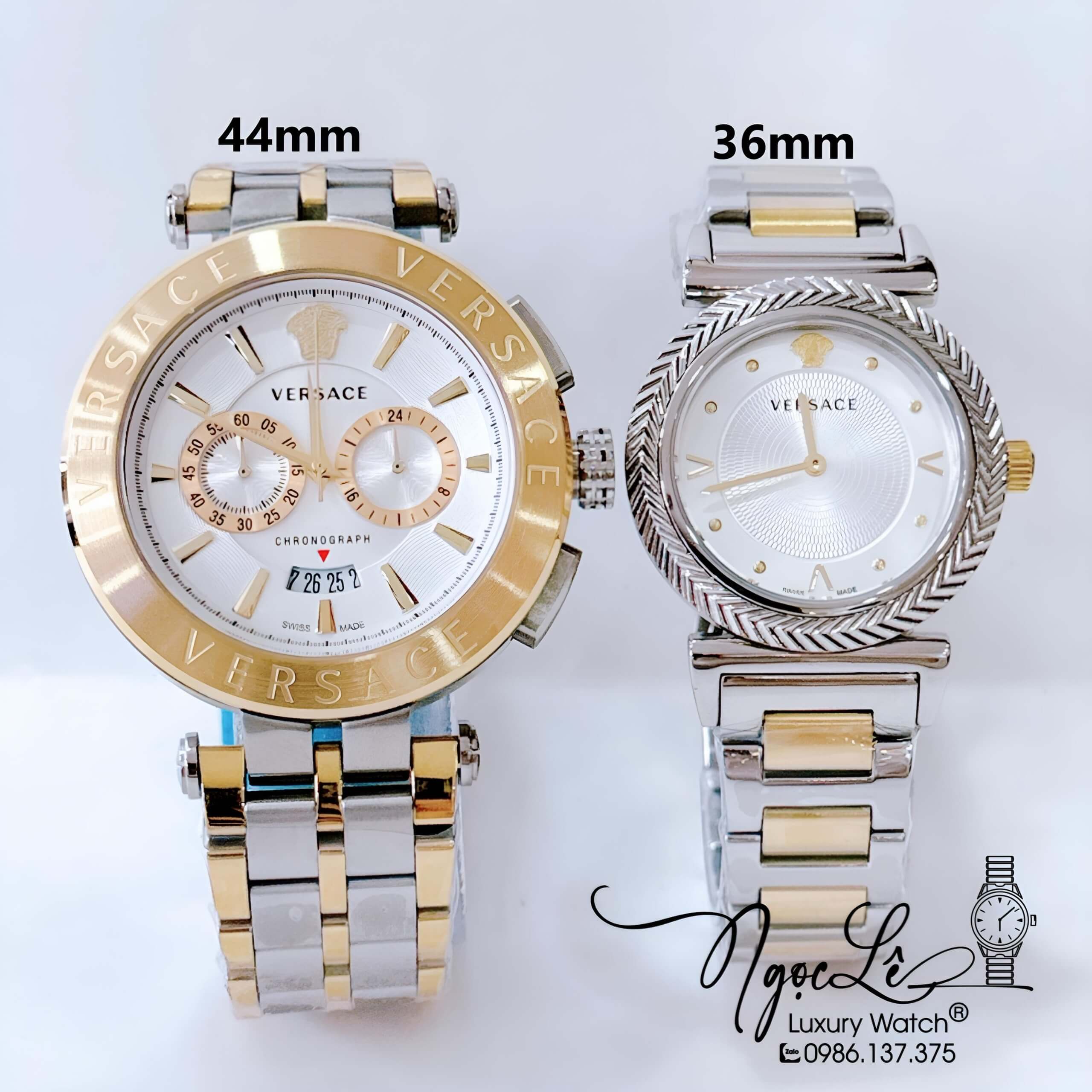 Đồng Hồ Cặp - Versace Aion 44mm - Versace V Motif 36mm - Màu Demi Vàng Mặt Trắng