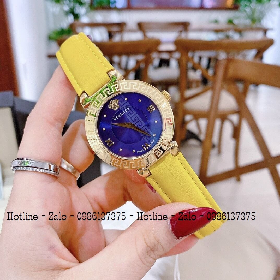 Đồng Hồ Nữ Versace Daphnis Dây Da Vàng Mặt Xanh 35mm