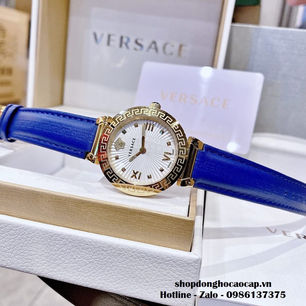 Đồng Hồ Versace Greca Icon Dây Da Xanh Mặt Trắng Nữ 36mm