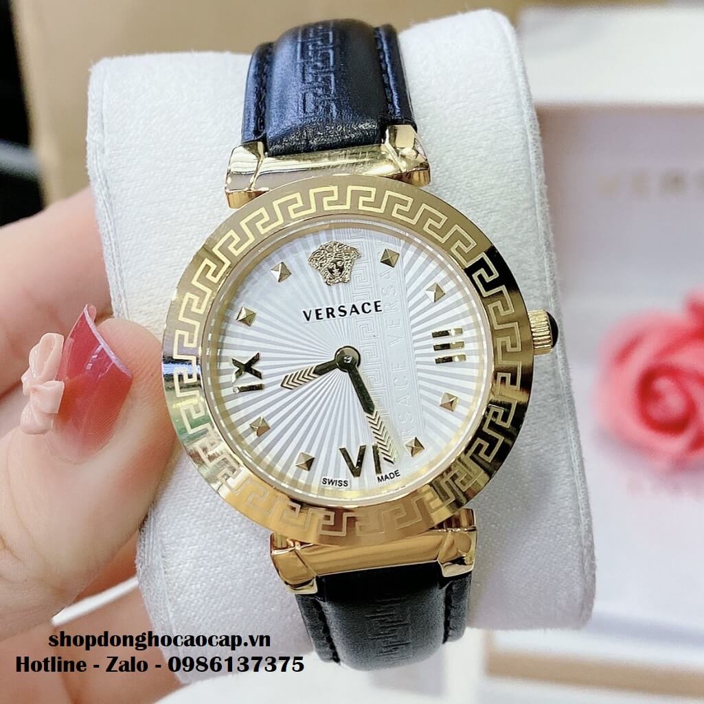 Đồng Hồ Versace Greca Icon Dây Da Đen Mặt Trắng Nữ 36mm