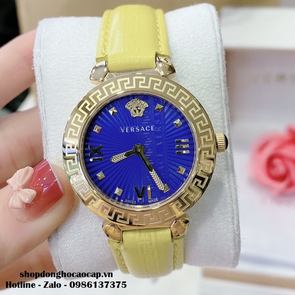 Đồng Hồ Versace Greca Icon Dây Da Vàng Mặt Xanh Nữ 36mm