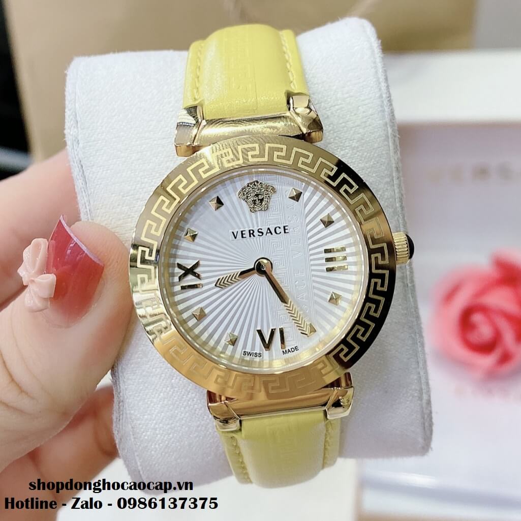 Đồng Hồ Versace Greca Icon Dây Da Vàng Mặt Trắng Nữ 36mm