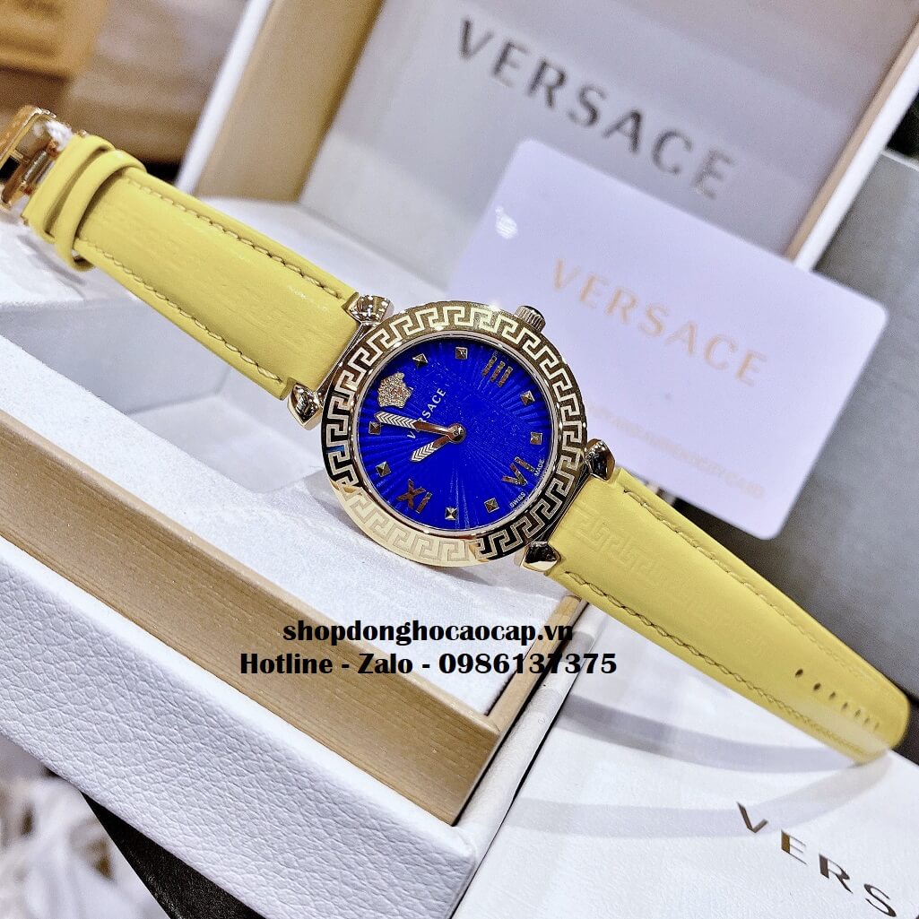 Đồng Hồ Versace Greca Icon Dây Da Vàng Mặt Xanh Nữ 36mm