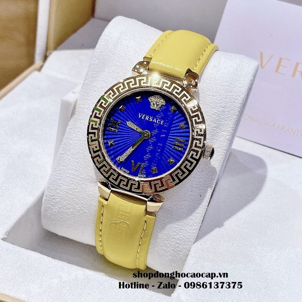 Đồng Hồ Versace Greca Icon Dây Da Vàng Mặt Xanh Nữ 36mm