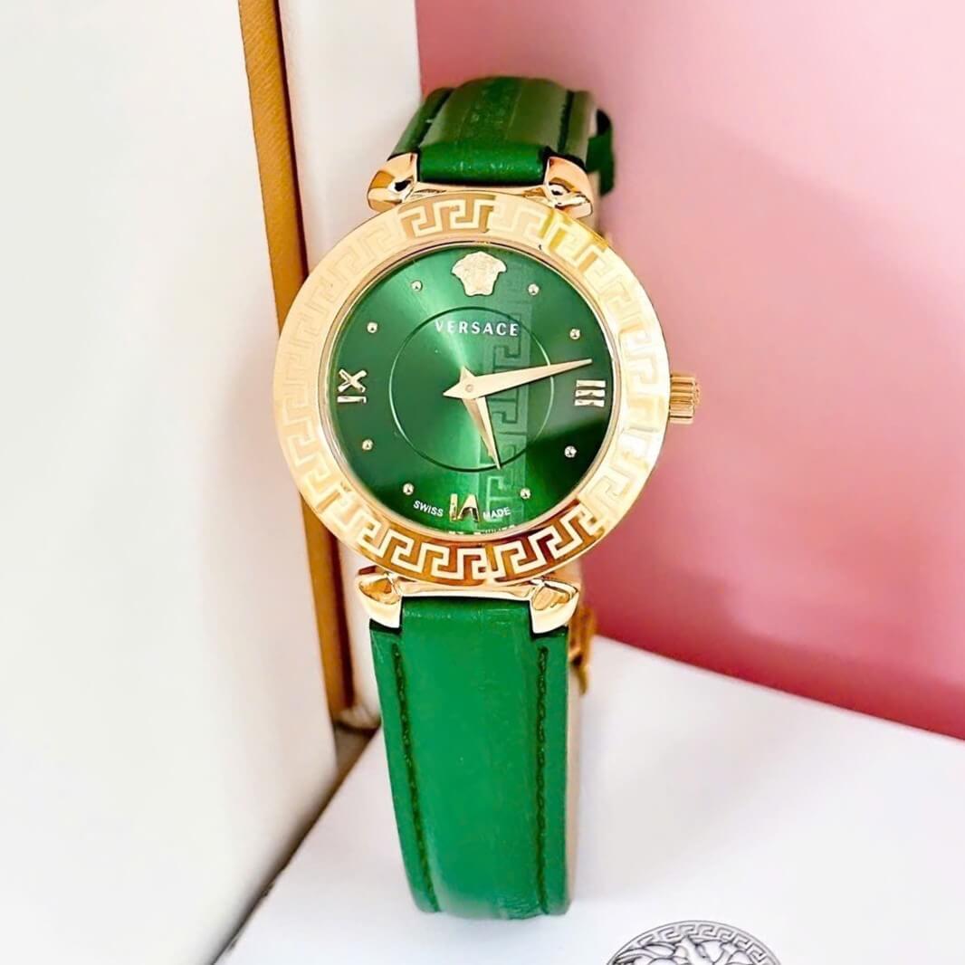 Đồng Hồ Versace Daphnis Nữ Dây Da Xanh Size 35mm (Vỏ Vàng)