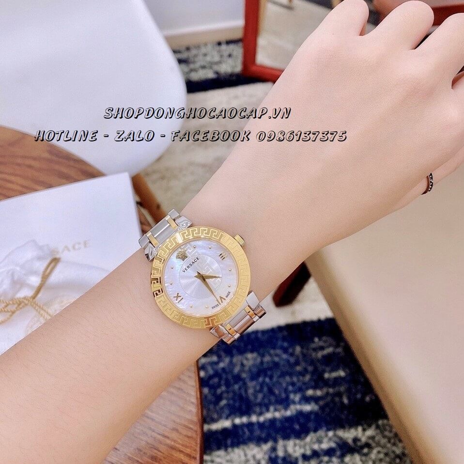 Đồng Hồ Versace Cặp Demi Vàng Mặt Trắng Nam Nữ 44mm - 35mm