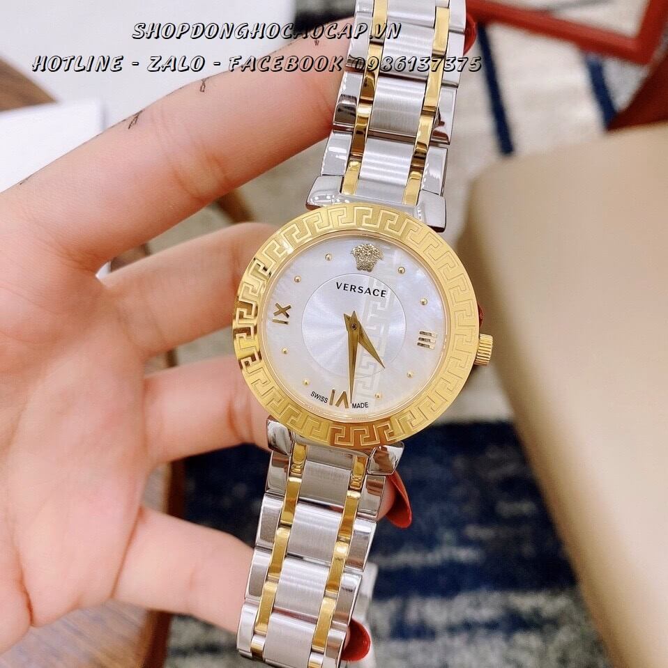 Đồng Hồ Versace Cặp Demi Vàng Mặt Trắng Nam Nữ 44mm - 35mm