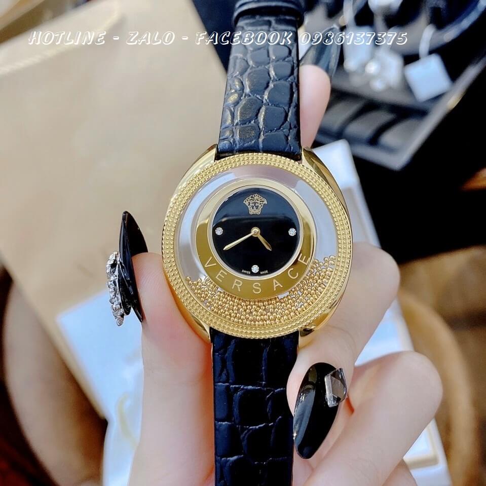 Đồng Hồ Nữ Versace Destiny Oval Dây Da Đen Mặt Đen 39mm