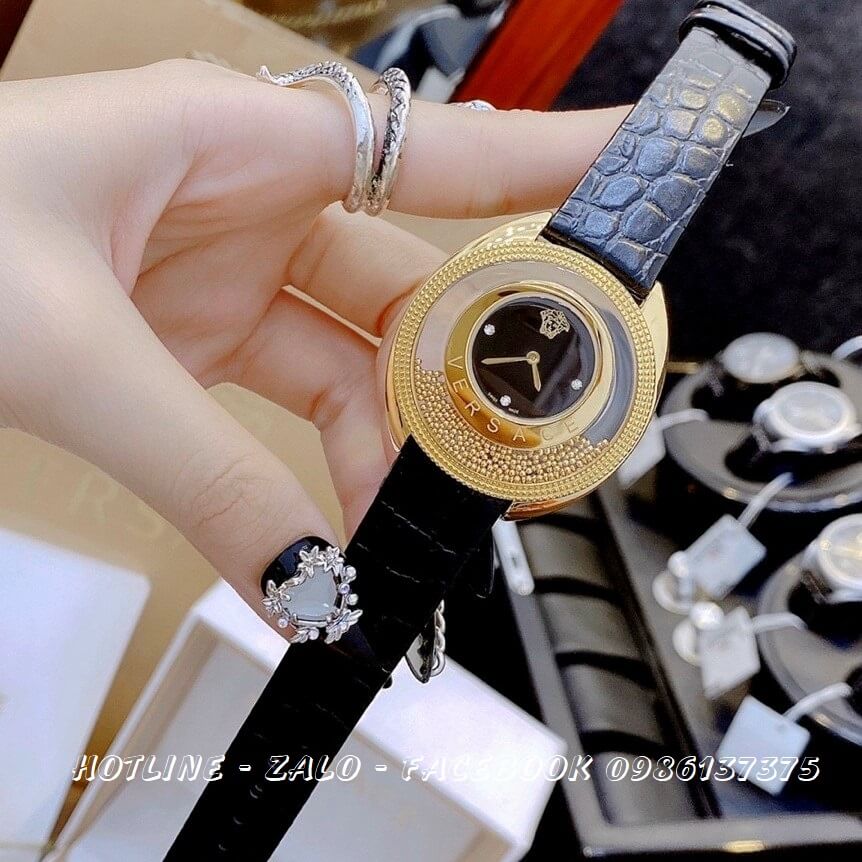 Đồng Hồ Nữ Versace Destiny Oval Dây Da Đen Mặt Đen 39mm