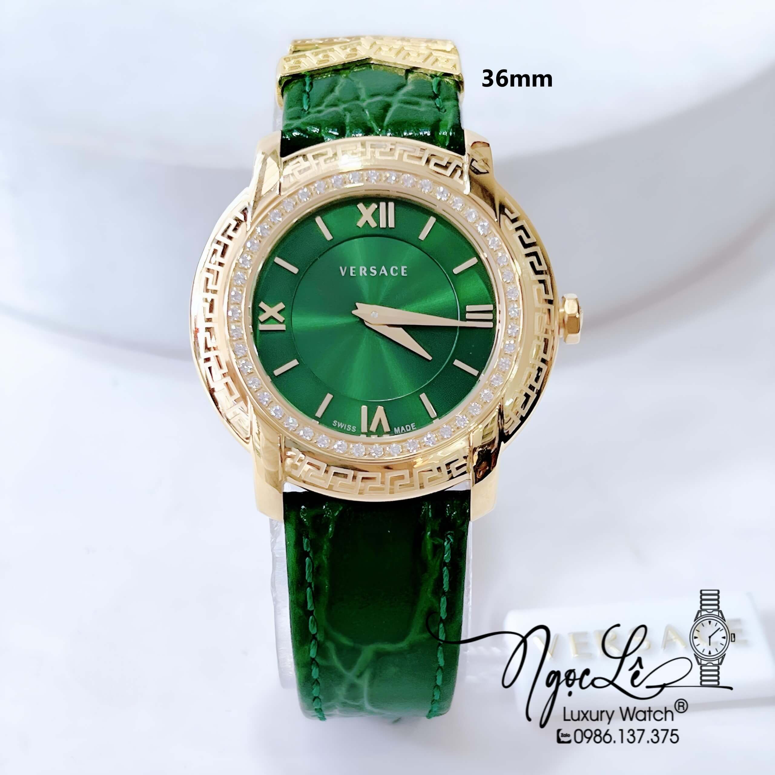 Đồng Hồ Nữ Versace DV-25 Máy Thụy Sỹ Dây Da Màu Xanh Lá Size 36mm Đính Đá