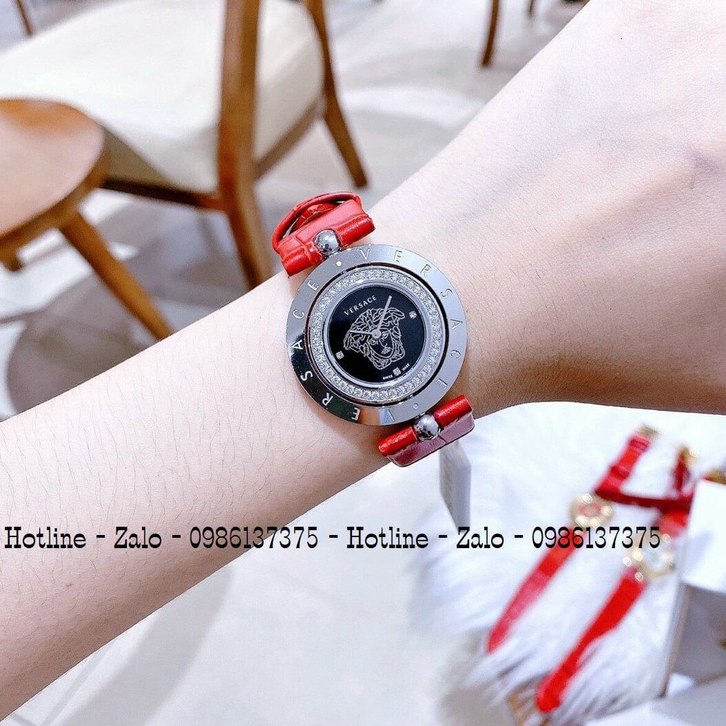 Đồng Hồ Versace Eon Nữ Dây Da Đỏ Silver Mặt Đen Xoay 34mm