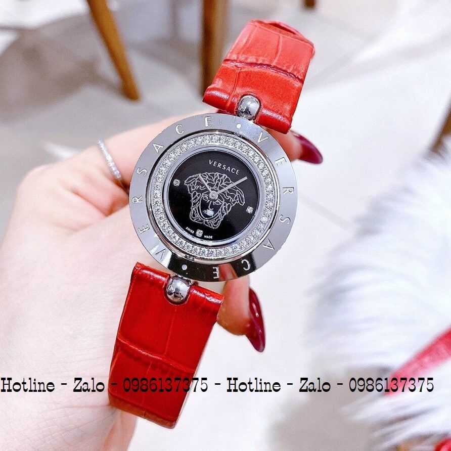 Đồng Hồ Versace Eon Nữ Dây Da Đỏ Silver Mặt Đen Xoay 34mm