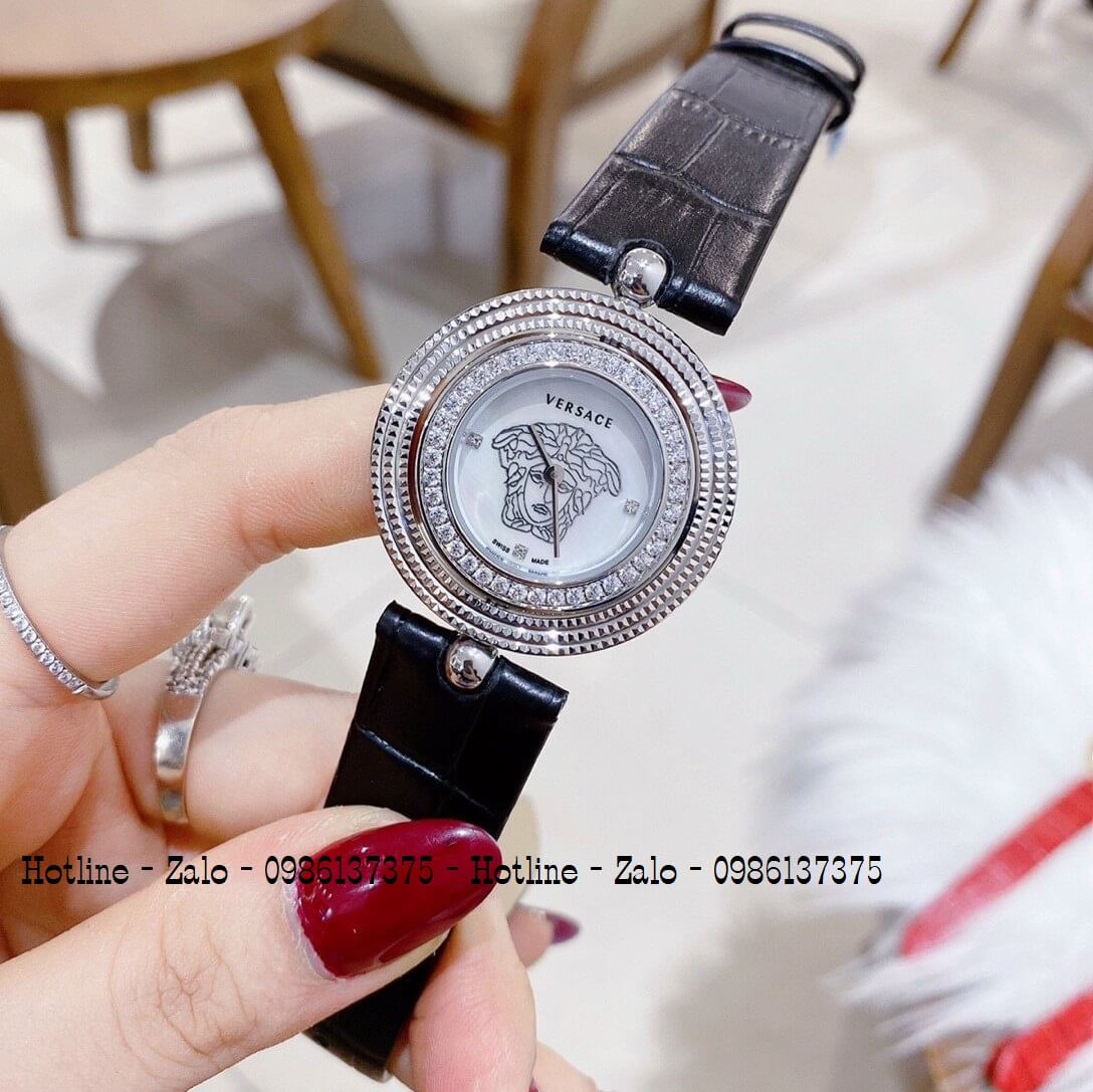 Đồng Hồ Versace Eon Nữ Dây Da Đen Silver Mặt Trắng Xoay 34mm