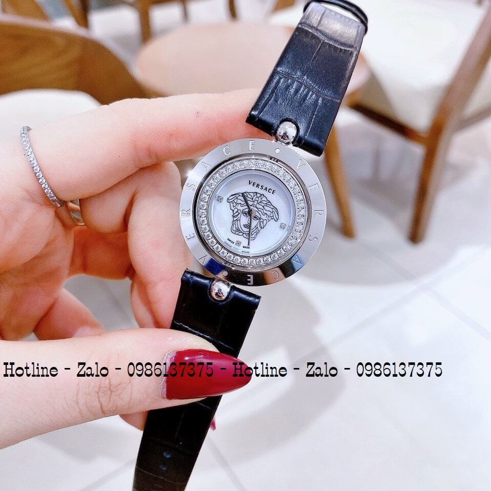 Đồng Hồ Versace Eon Nữ Dây Da Đen Silver Mặt Trắng Xoay 34mm