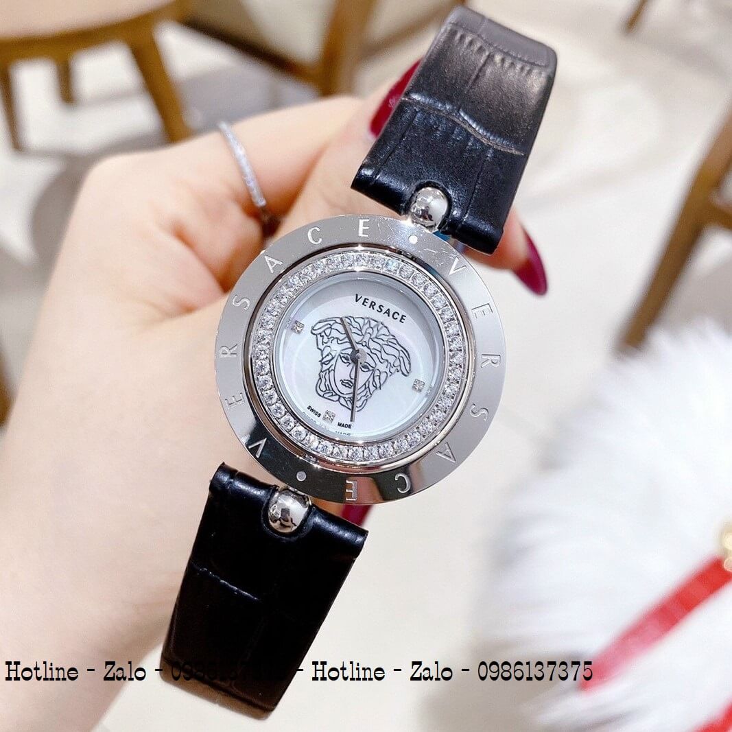 Đồng Hồ Versace Eon Nữ Dây Da Đen Silver Mặt Trắng Xoay 34mm