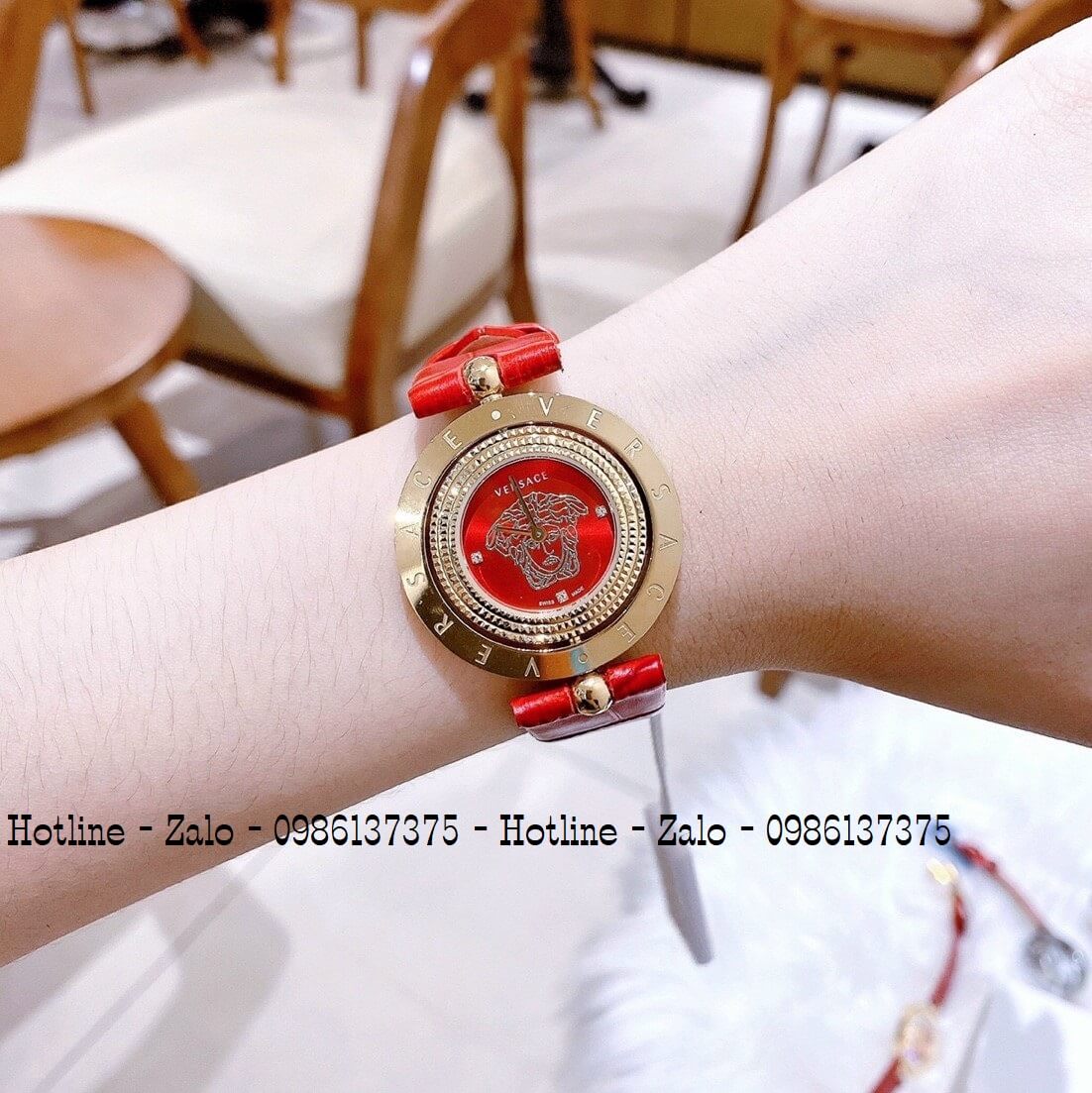 Đồng Hồ Versace Eon Nữ Dây Da Đỏ Gold Mặt Xoay 34mm