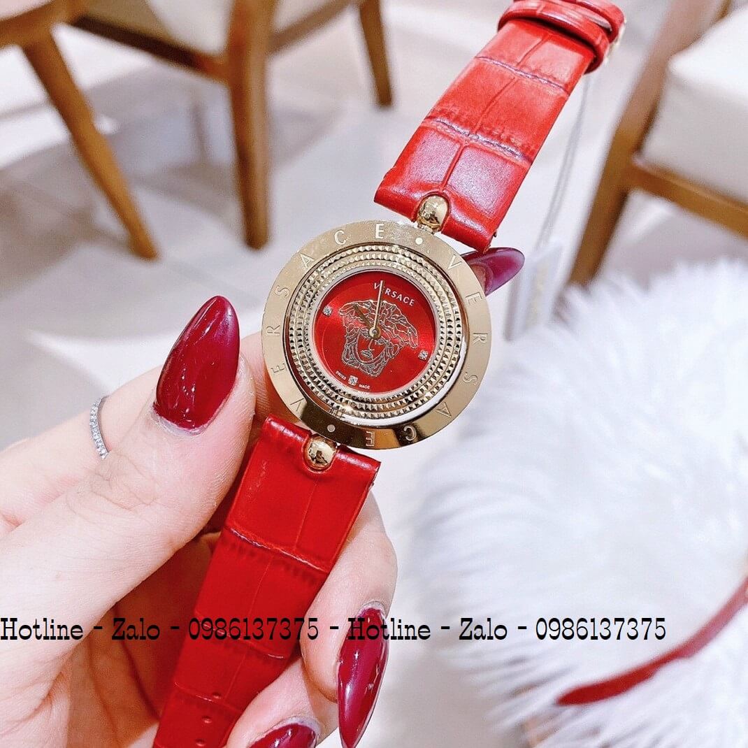 Đồng Hồ Versace Eon Nữ Dây Da Đỏ Gold Mặt Đỏ Xoay 34mm